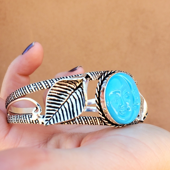 New Carved Double Moon Face 925 Silver Cuff Bracelet. - Picture 12 of 14